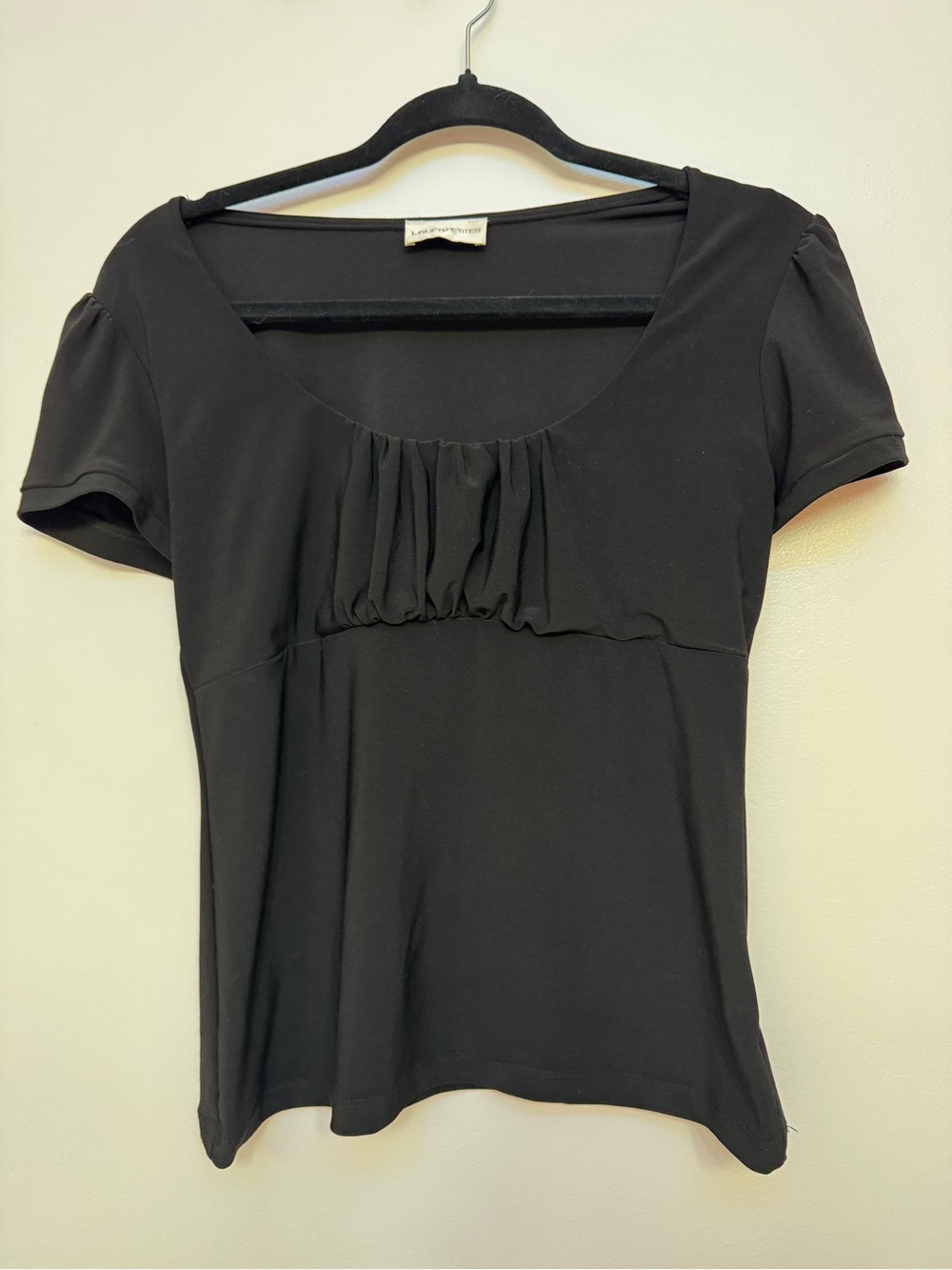 1990s Laura Petites Black Short Sleeve Scoop Neck Top with Front Gather